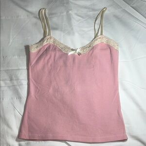 Y2k Coquette Pink Cami Baby Doll Cotton Tank Top with Lace Trim and Ribbon